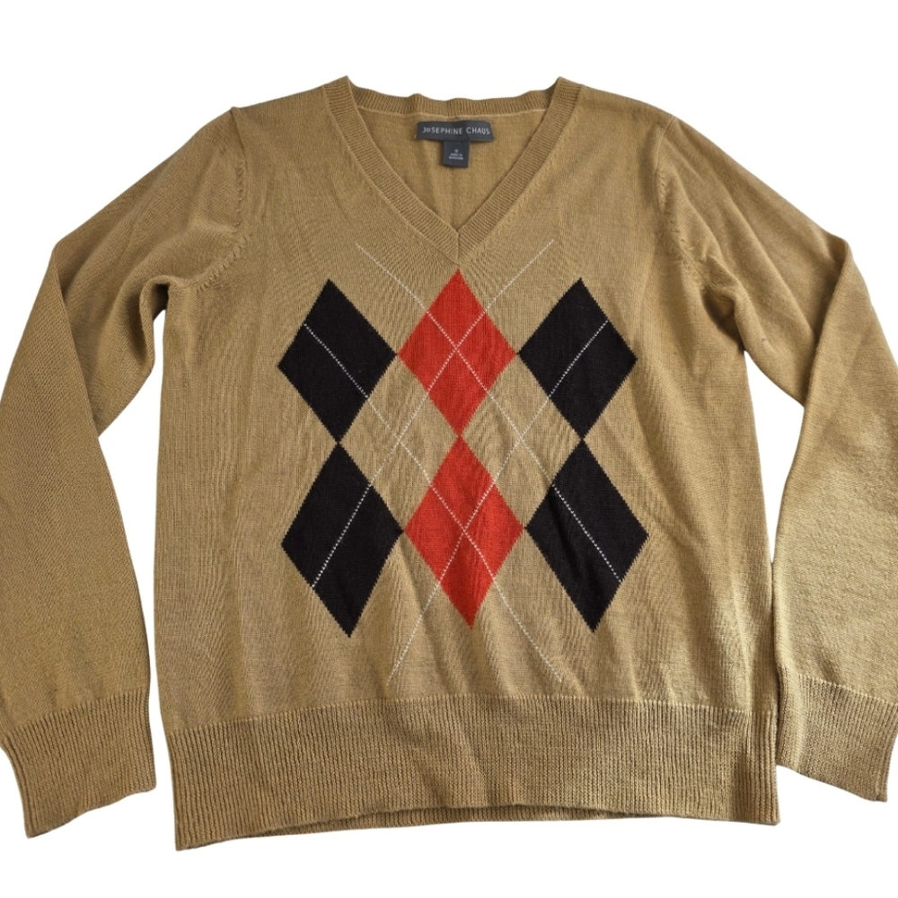 Josephine Chaus S Tan V-Neck Argyle Sweater Wool Blend 1690-AV